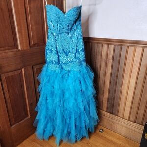 Jovani Turquoise Strapless Sequin Tulle Mermaid Corset Dress 6513